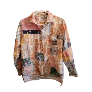 Magaschoni Women's Patchwork Paisley  Button-Up Linen Shirt Size XS